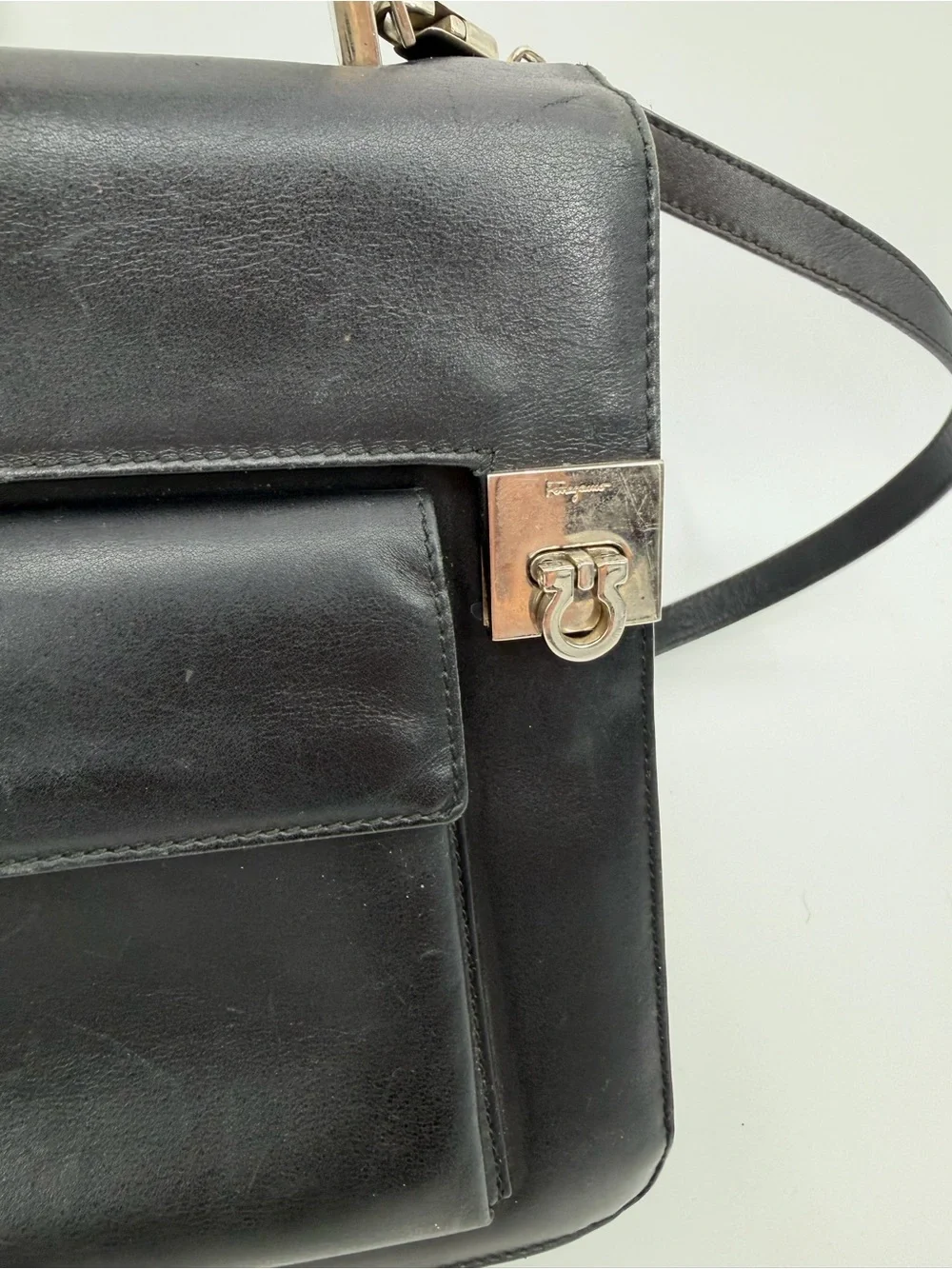 Vintage Salvatore Ferragamo Gancini Kelly Bag Black Leather Auth Papers